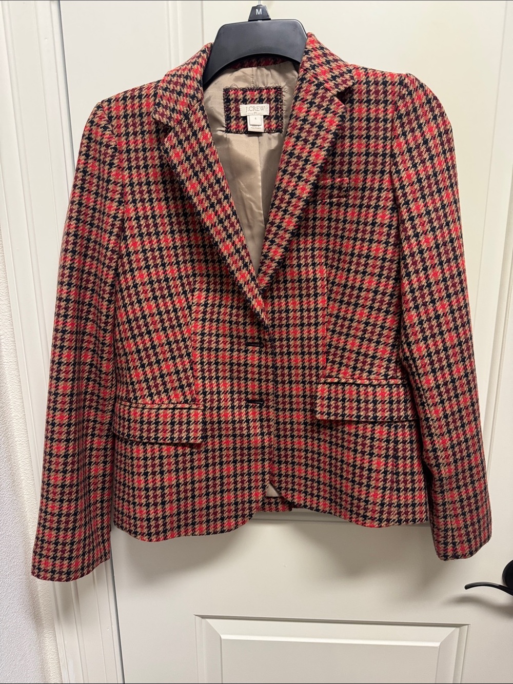 J. Crew Red and Black Houndstooth Wool Blend Blazer